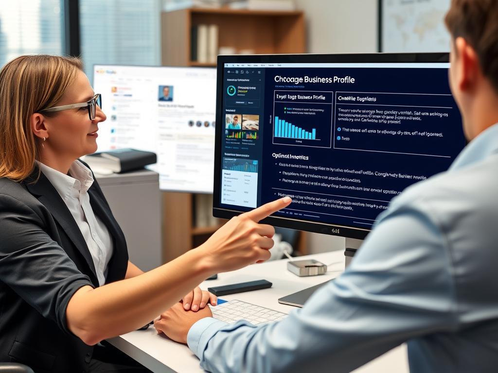 Experte analysiert ein Google Unternehmensprofil am Computer
