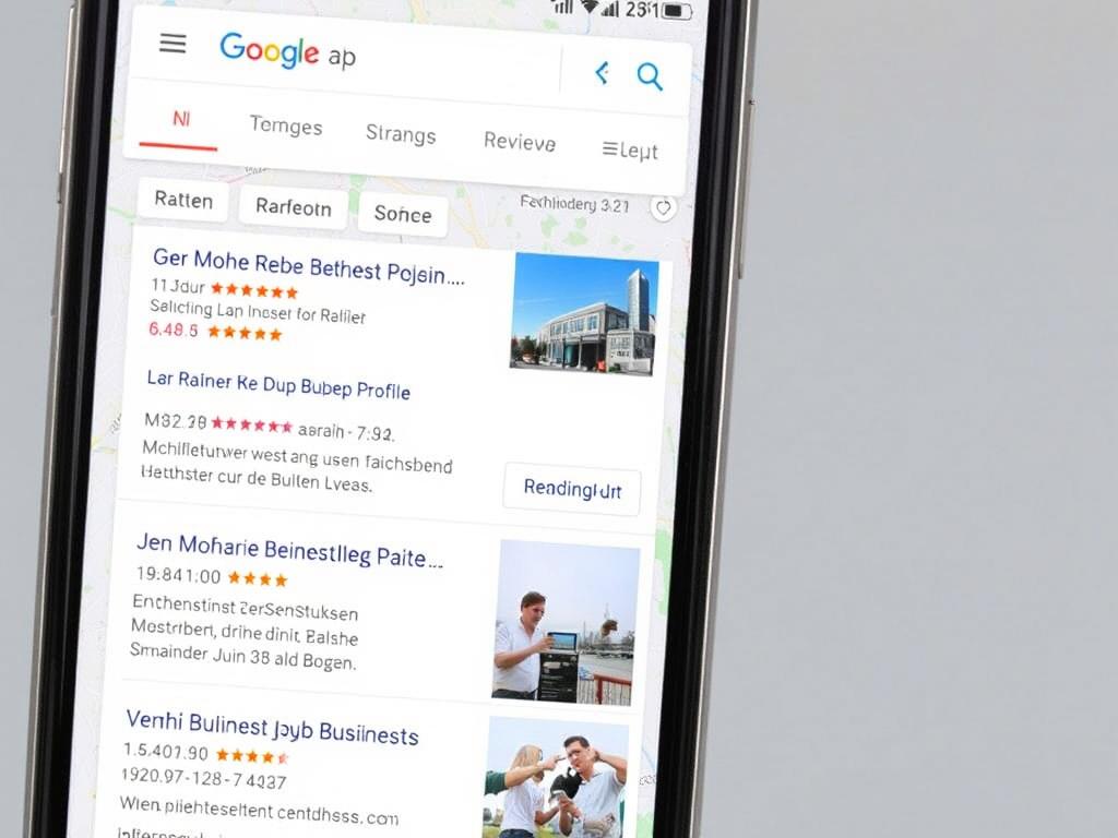 Smartphone zeigt Google Maps mit lokalen Suchergebnissen für Google Unternehmensprofile
